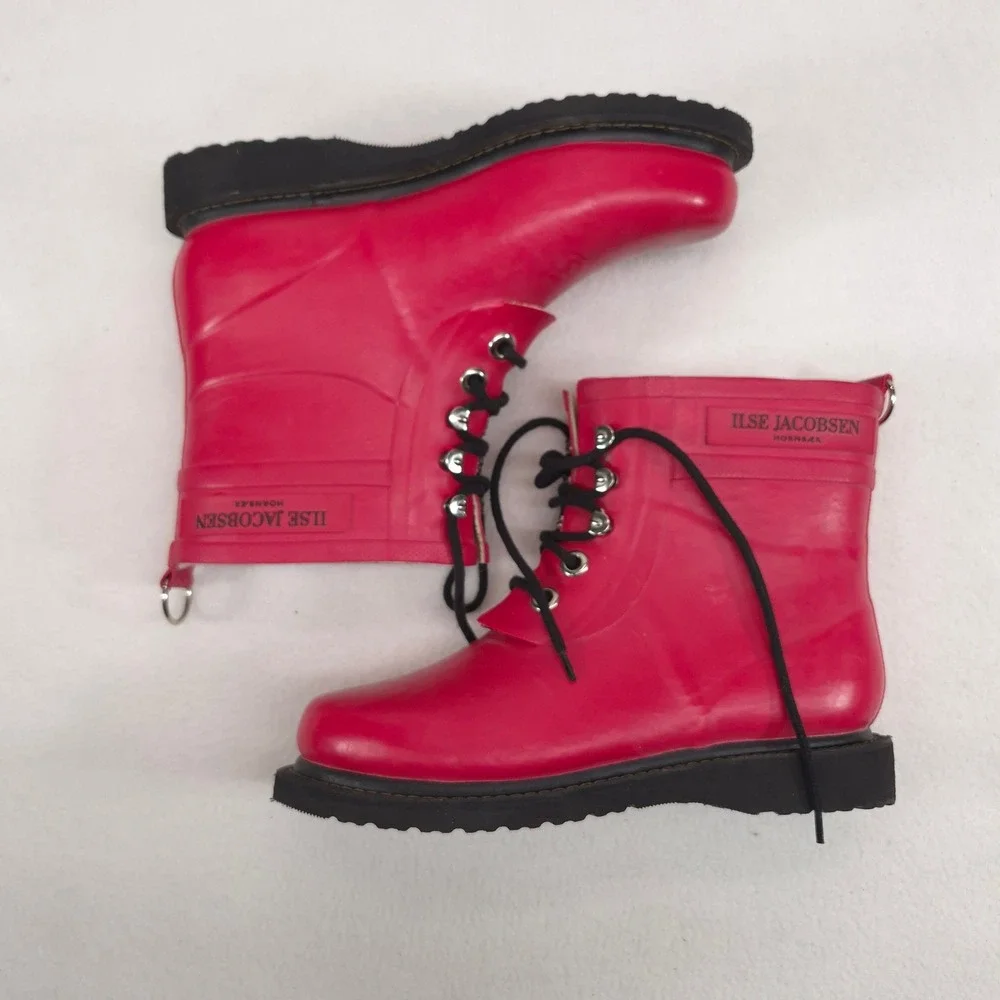 Ilse Jacobsen Rain Boots Red Sz 38 Lace Up Waterproof Fleece Lined Danish Design